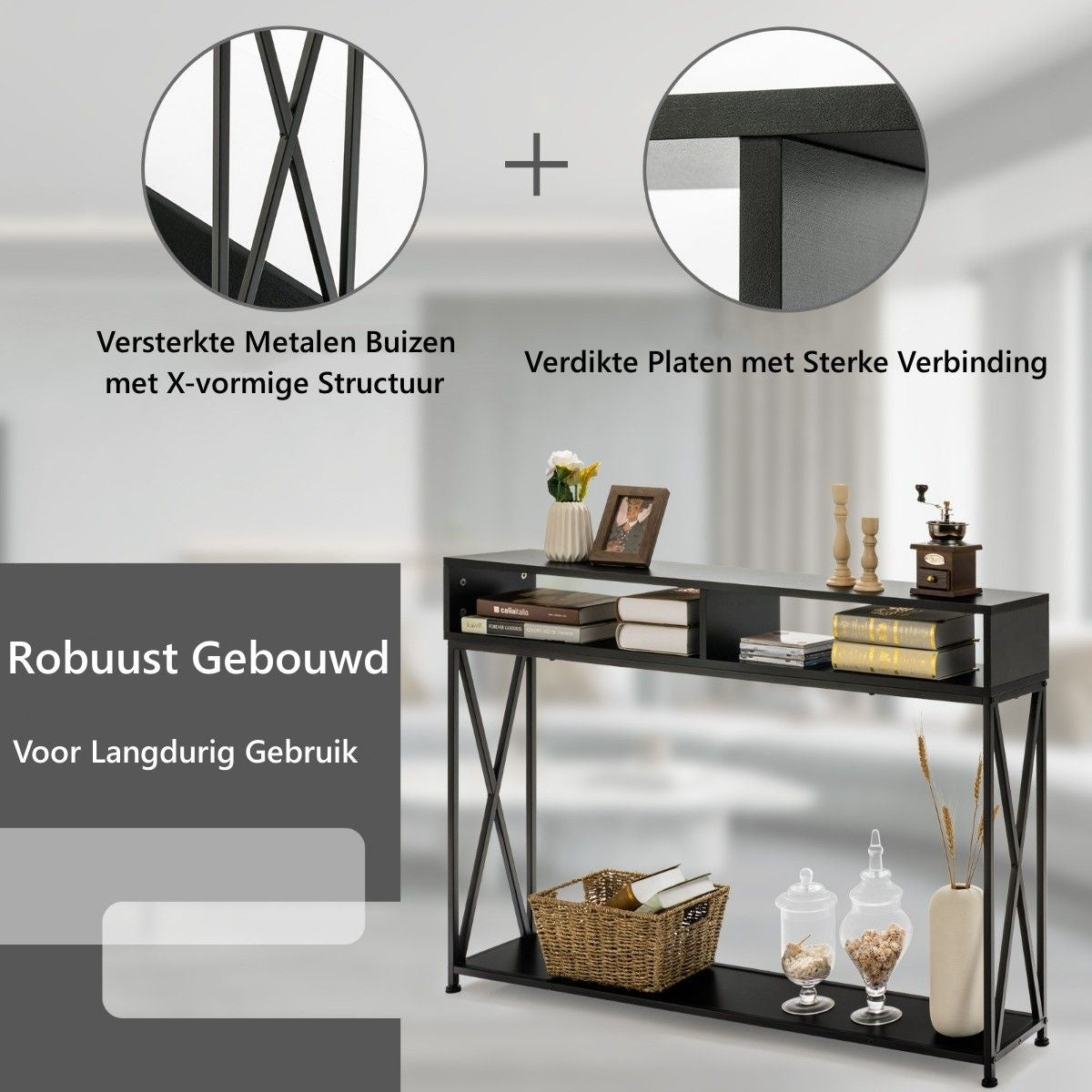 Table console Coast - 2 compartiments de rangement 1 étagère ouverte - 120 x 23 x 79 cm - Noir - Acier+bois