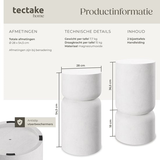 tectake® Table d'appoint Amine - Ø 28 x 54,5 cm - Lot de 2 tables d'appoint - Table basse en oxyde de magnésium robuste, aspect pierre - Petite table pour le salon, la chambre ou le bureau - Capacité de charge de 15 kg par table - Protège-sol inclus