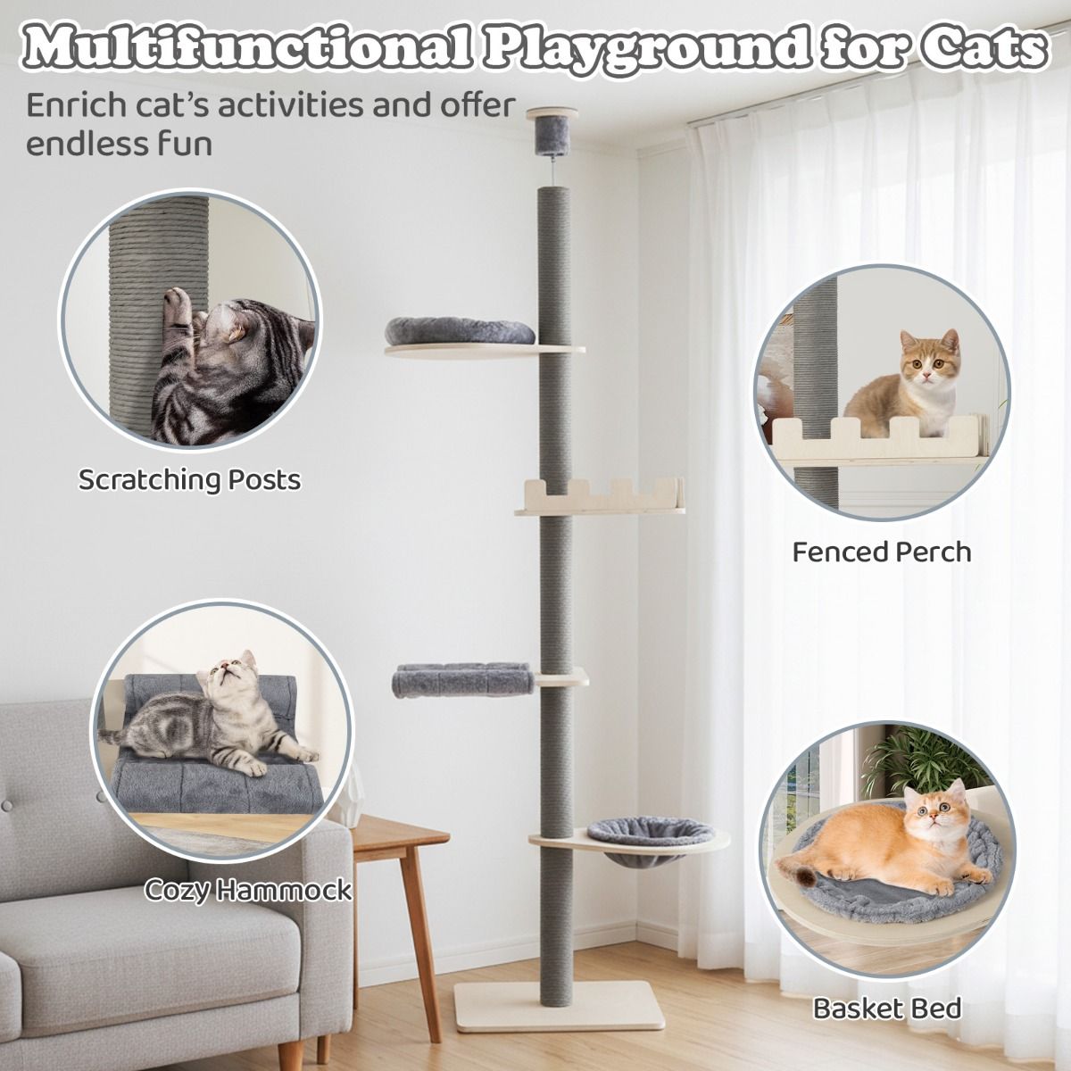 Arbre à chat Coast, sol-plafond, 5 niveaux, hauteur réglable de 236 à 271 cm - Gris