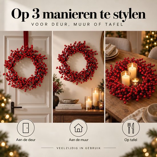 Mica Decorations : Décoration de Noël avec des baies rouges - Couronne de Noël pour créer une ambiance festive chez vous - Ø 50 cm en mousse - Couronne de porte d'intérieur pour la période de Noël - Rouge