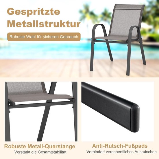 COSTWAY Lot de 4 chaises de jardin empilables, chaises empilables en textile et structure métallique, chaises de terrasse avec accoudoirs, chaises de balcon, charge jusqu'à 150 kg, 56 x 70 x 84 cm, gris