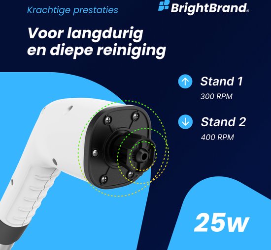Brightbrand PowerScrub Pro - Brosse de nettoyage électrique - Brosse à récurer - Pour la salle de bain et la cuisine - Nettoyeur - Brosse à récurer avec manche - Raclette - Polisseuse - Polisseuse avec 10 accessoires