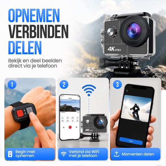 Caméra d'action Strex 4K 30 MP - Étanche jusqu'à 30 mètres, stabilisation EIS et application Wi-Fi - Caméra sous-marine étanche à 60 images par seconde - Caméra corporelle - Caméra d'action
