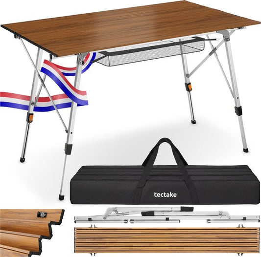 Table de camping tectake® - 90 x 52 x 47 - 70 cm - Table pliante en aluminium - Plateau enroulable - Table pliante - Table de voyage - Table de jardin - Résistante aux intempéries - Réglable en hauteur - Sac de transport - Pliable - Aspect bois