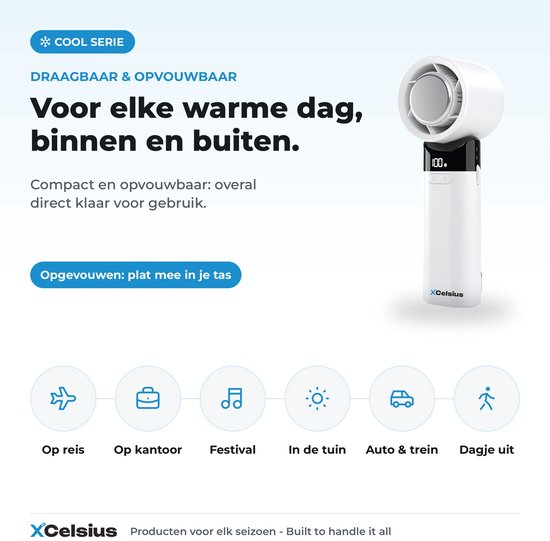 Ventilateur portable XCelsius® - Mini-ventilateur pliable - Rechargeable via USB-C - Réglage continu de 0 % à 100 % - Avec plaque de refroidissement instantanée - Blanc