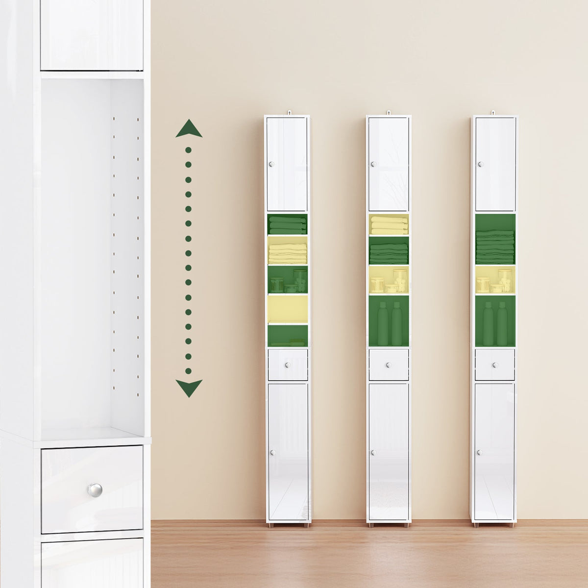 SoBuy Meuble de salle de bain haut avec tiroir et portes - Blanc brillant - 20x20x180 cm