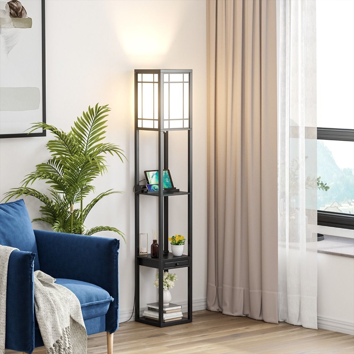 Lampadaire côtier avec 3 compartiments ouverts - 2 ports USB - 26 x 26 x 161 cm - Noir
