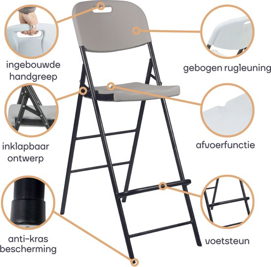 Chaise pliante haute pour l'intérieur et l'extérieur, tabouret de bar, avec dossier et repose-pieds, en plastique, peu encombrante, idéale pour les événements, les fêtes et la restauration, avec structure en acier et assise résistante aux intempéries, 45
