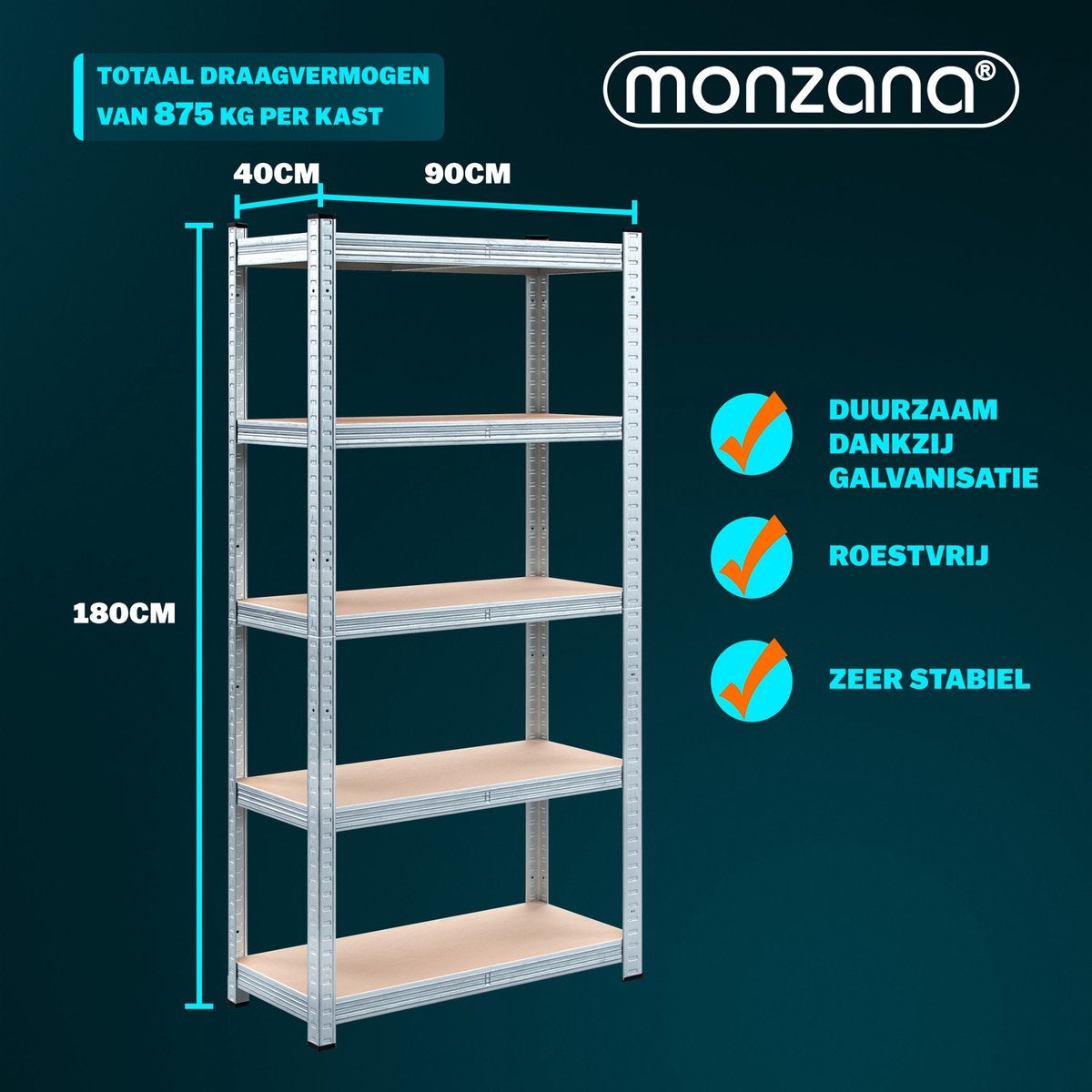 Armoire de rangement/étagère en métal 2 pièces avec 5 étagères - Capacité de charge de 875 kg - (HxLxP) 180x90x40 cm - 175kg par étagère