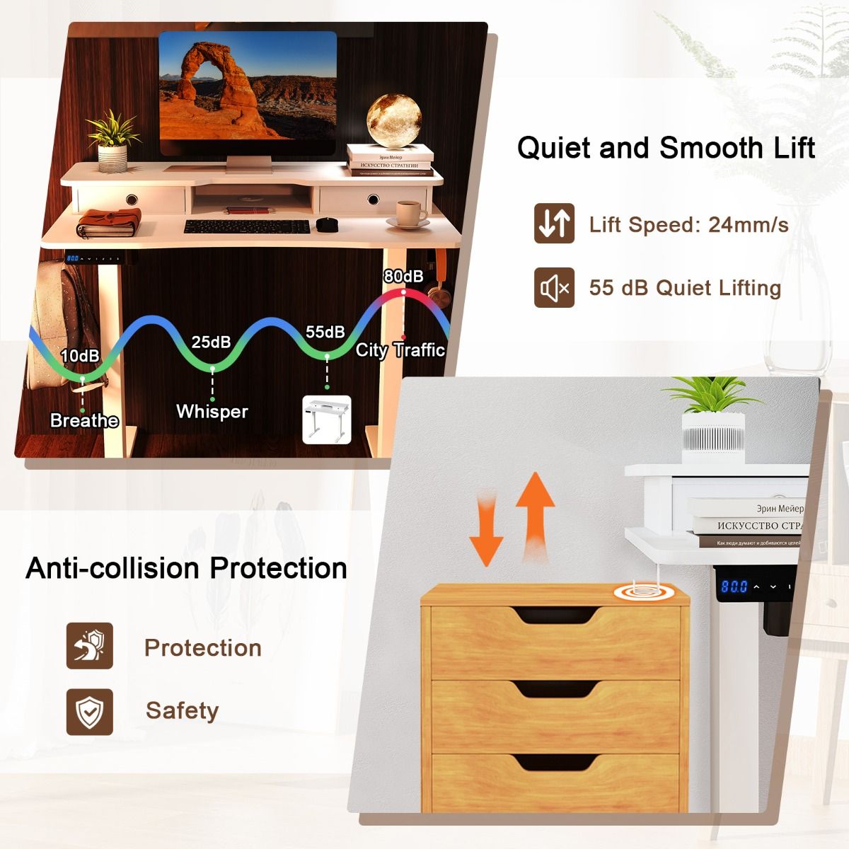 Bureau assis-debout électrique Coast - Réglable en hauteur - Avec support pour écran et tiroirs - Blanc 100 x 60 cm