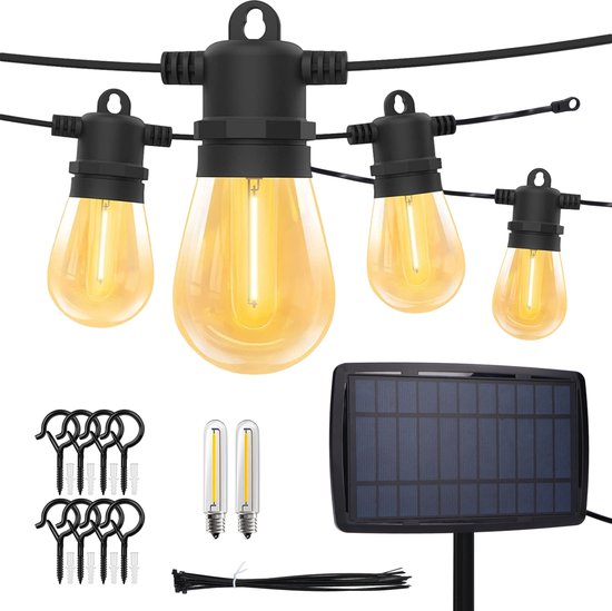 Partizzle 15m de guirlande lumineuse solaire imperméable - Dimmable - LED Lumière solaire de jardin - Guirlande lumineuse de camping - Guirlande lumineuse solaire pour l'extérieur - 2700K / Blanc chaud
