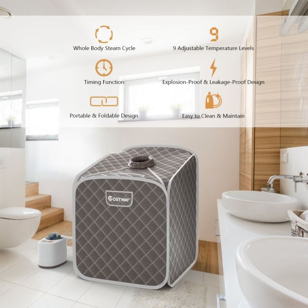 Coast Mini sauna vapeur 2L avec 9 niveaux de température - Sauna domestique - Cabine de chaleur - 85 × 84 × 106 cm - Gris - Noir - Marron