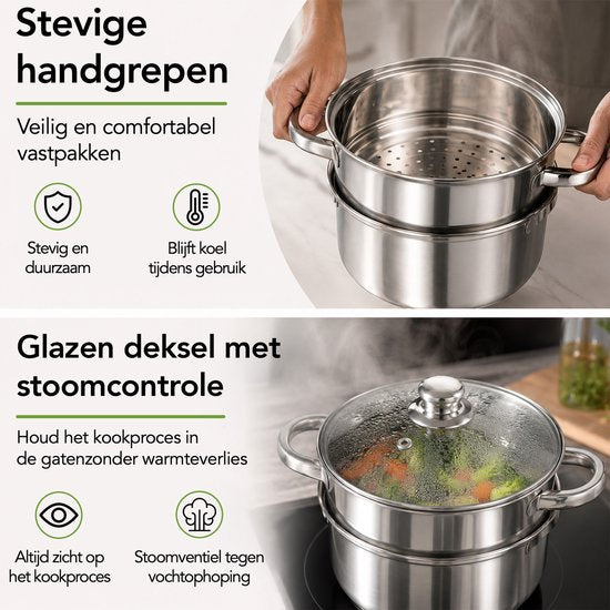 Casserole à vapeur Aviro - Couvercle en verre - 3,1 L - 20 cm - Induction et gaz - Cuiseur à vapeur 3 pièces pour riz et légumes - Acier inoxydable