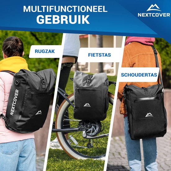 NEXTCOVER® NEW 3-in-1 bike bag for carrier [Aquashield] - Reflective luggage bag bag waterproof - backpack and shoulder bag [25 litres]- Black