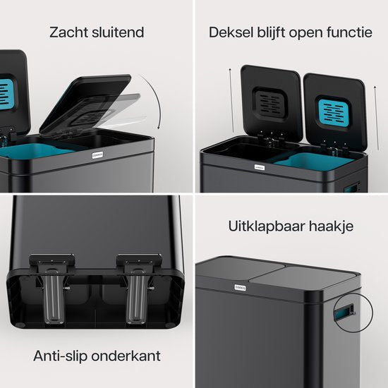 Deleca Recycle Bin with 2 Compartments - 60 Litres (2x30) Waste Bin - Waste Separation / Deposit Container / Pedal Bin - Garbage Bin with FreshAura Odour Control - Slow Close - Stainless Steel Black