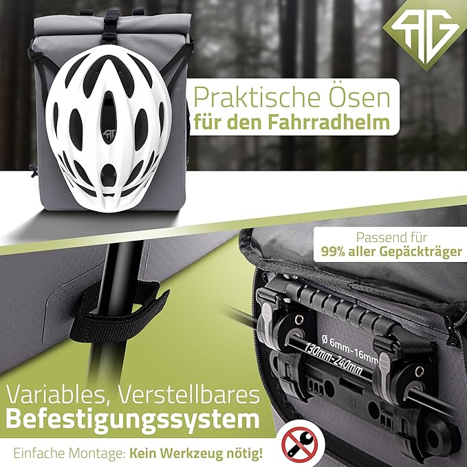 RADGEIST 3in1 sacoche vélo pour porteur - sacoche vélo étanche, extra robuste avec fermeture rapide - sac à dos vélo (25 litres) - sac à dos vélo (gris)
