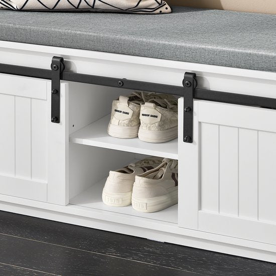 SoBuy Meuble d'entrée avec portes coulissantes, banc à chaussures à 6 compartiments pour l'entrée, 90x35x46 cm, blanc, FSR133-K-W