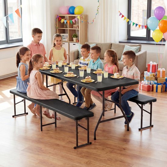 LifeGoods Set de pique-nique pliable - 180cm x 74cm - Table de jardin avec 2 bancs - Résistant aux intempéries - Table de camping - Table à bière pliable - Pour l'intérieur et l'extérieur - Pour 6 à 8 personnes - Rotin Noir