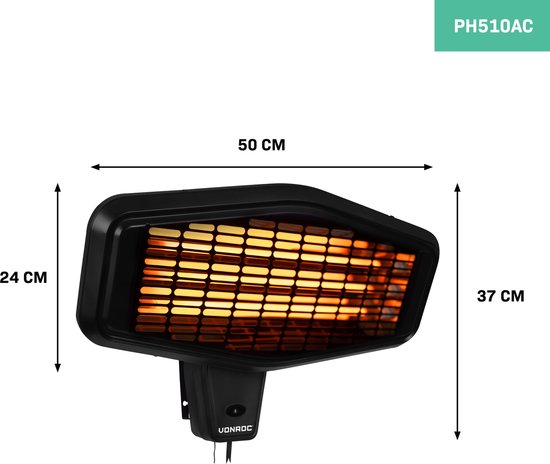 VONROC Chauffage de terrasse atmosphérique - Amiata 2200W - Lampe infrarouge puissante - 3 niveaux de chaleur - Pour montage mural