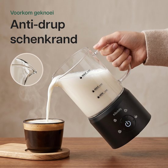 Mousseur à lait en verre Kitchify - Mousseur à lait électrique - Avec bec verseur - 4 en 1 - Milk Frother - Noir