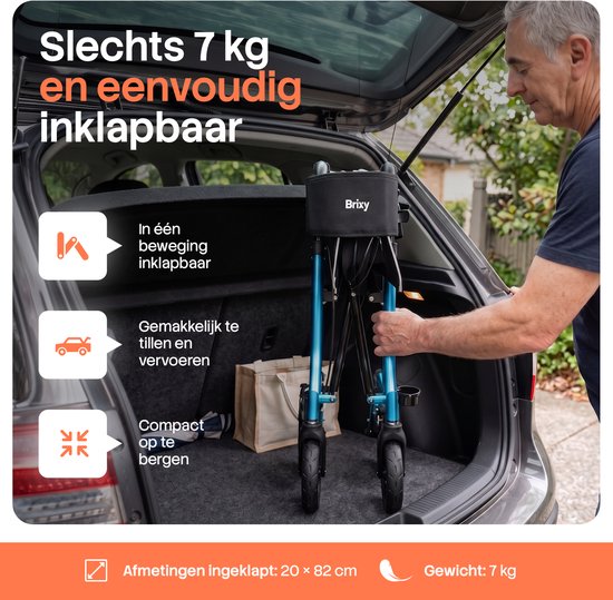 Rollator Brixy - Léger et pliable - Roues en caoutchouc à 360° - Siège intégré - Utilisation à l'intérieur et à l'extérieur - Dossier, sac et support pour canne - Bleu