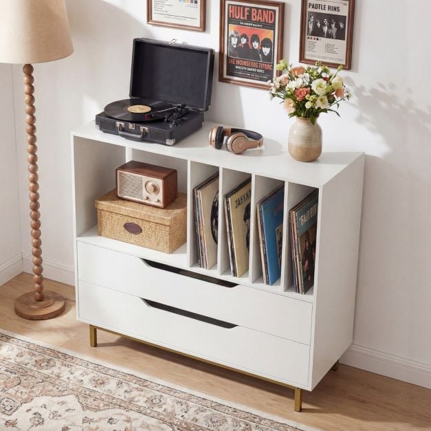 Coast Record Player Furniture White - Meuble rétro en vinyle avec 4 compartiments pour disques et 2 tiroirs - 91 x 36 x 87 cm