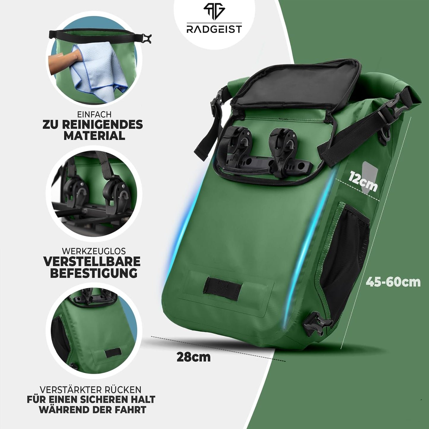 RADGEIST 3in1 bike bag for carrier I sac à vélo, sac à dos et sac à bandoulière 18-22L I sac à vélo 100% étanche vert