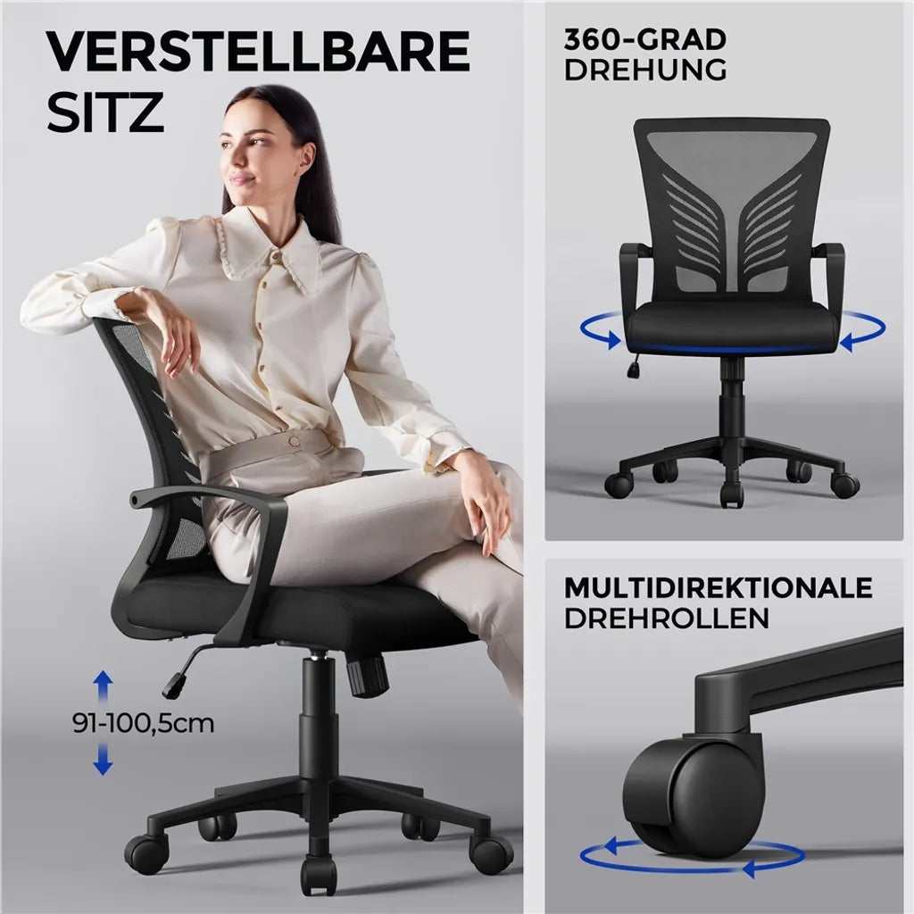 Yaheetech Siège de bureau - Ergonomique - Avec fonction bascule - Réglable - Pivotant - Noir