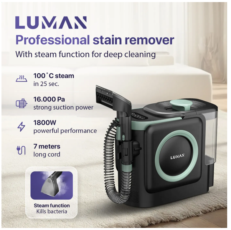 LUMAN 10 in 1 Carpet Cleaner Pro 1800W - 100°C Steam Function and Self-Cleaning - Stain Cleaner - Steam Cleaner - Seat Cleaner - Cleaner for sofa, floor, car and carpet - 7 Meter Cord