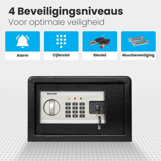 Auronic Coffre-fort électronique - Serrure Digitale - Clé - Montage mural - Porte 4.3cm - Alarme 130dB - 8L - 31x20x20cm - 4.5KG - Acier - Noir