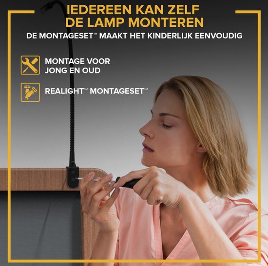 Lampe de lecture LED Realight pour lit, lot de 2 - 58 cm - Noir - Lampe de chevet à intensité réglable avec commande tactile et cordon de 2,5 mètres