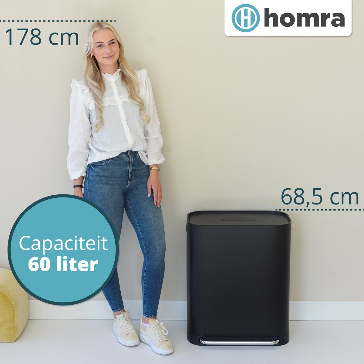 Homra Poubelle à double compartiment 60L  - Pédale en métal - filtre anti odeurs -2x30L - Noir
