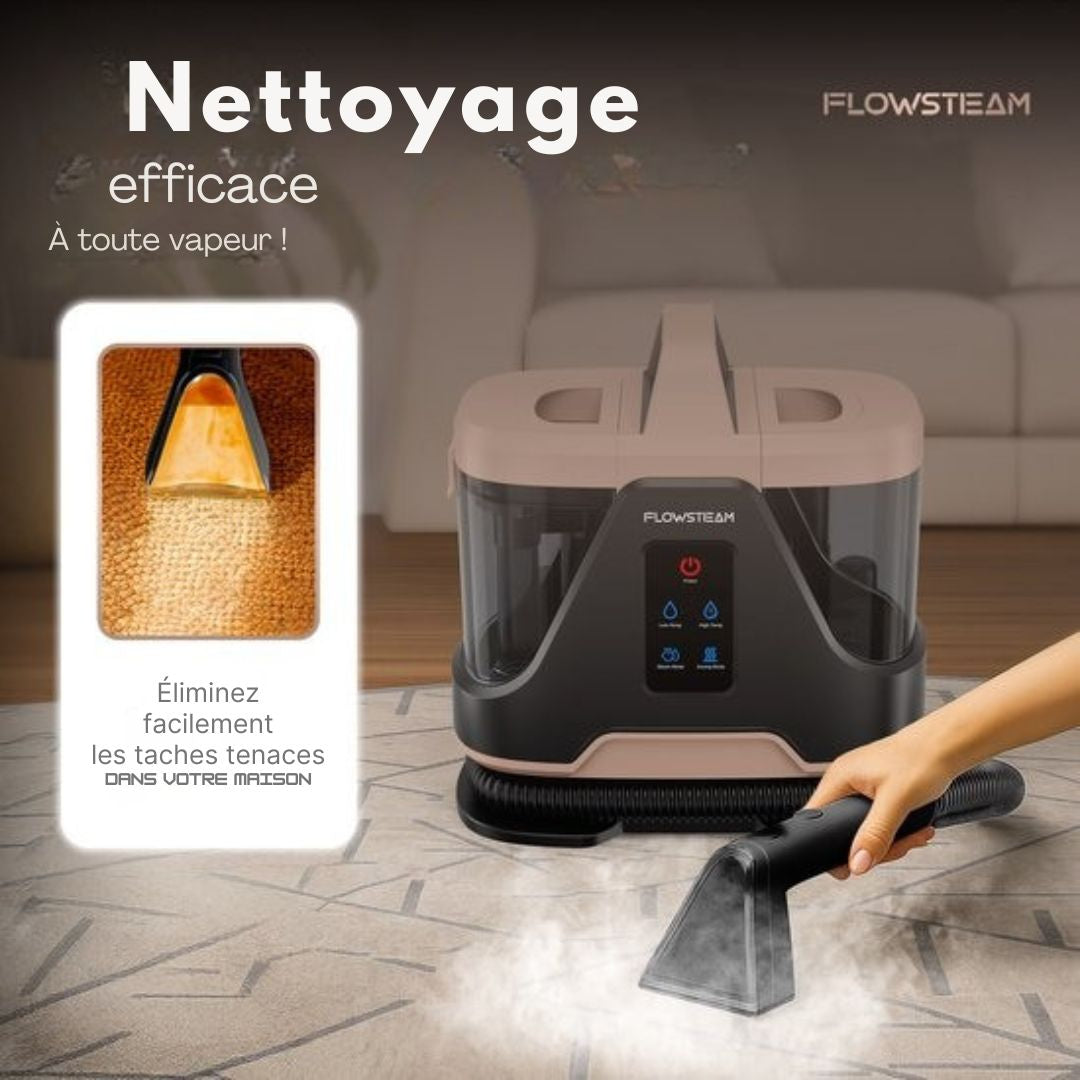 Nettoyeur de tapis 6 en 1 - FLOWSTEAM®  - Nettoyeur de taches - sièges - Vapeur à 100°C - 4 modes de vapeur - 90 minutes de vapeur - Cordon de 5M - blanc/noir