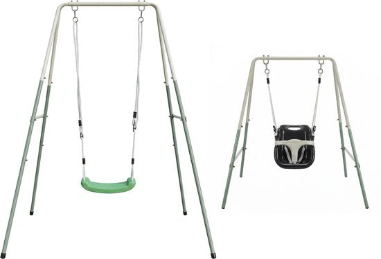 Balançoire 2-en-1 AXI en métaux, couleur verte/crème – Balançoire évolutive - Ensemble de balançoire autonome avec siège en plastique et siège pour bébé - Ensemble de balançoire pour enfants