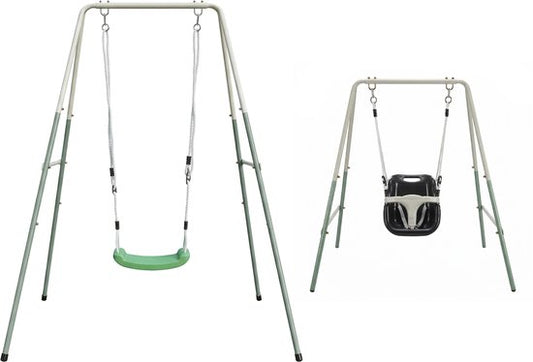 Balançoire 2-en-1 AXI en métaux, couleur verte/crème – Balançoire évolutive - Ensemble de balançoire autonome avec siège en plastique et siège pour bébé - Ensemble de balançoire pour enfants