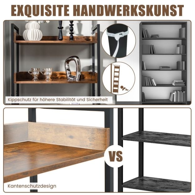 Étagère industrielle Coast avec 6 tablettes et 4 crochets – 69 x 34 x 177 cm – Marron et noir