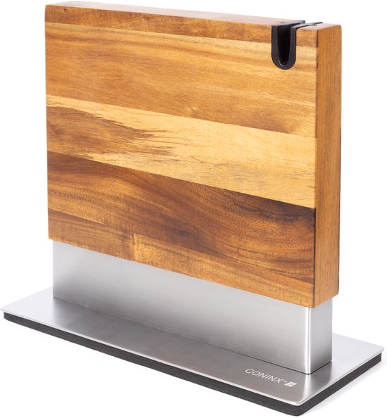 Bloc à couteaux magnétique Coninx Vertico - Aimant à couteaux avec aiguiseur - Socle en acier inoxydable - Aimant double face - Bloc à couteaux sans couteaux - Acier inoxydable / Bois d'acacia