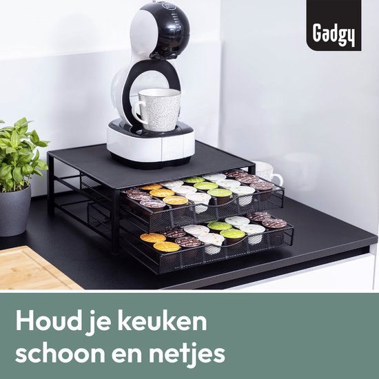 Porte-capsules Gadgy Dolce Gusto à 2 tiroirs - Porte-capsules avec tiroir - Porte-tasses à café pour 72 capsules - Porte-dosettes - Acier inoxydable - Noir - Antidérapant et amortissant les vibrations