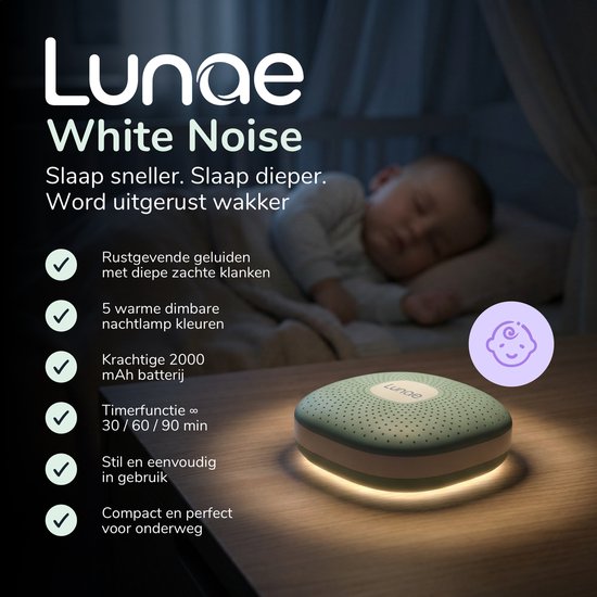Lunae White Noise Machine 2026 - Appareil à bruit blanc avec veilleuse - Convient aux bébés, aux enfants et aux adultes - Aide au sommeil pour bébés - Entraîneur de sommeil pour enfants - Vert menthe