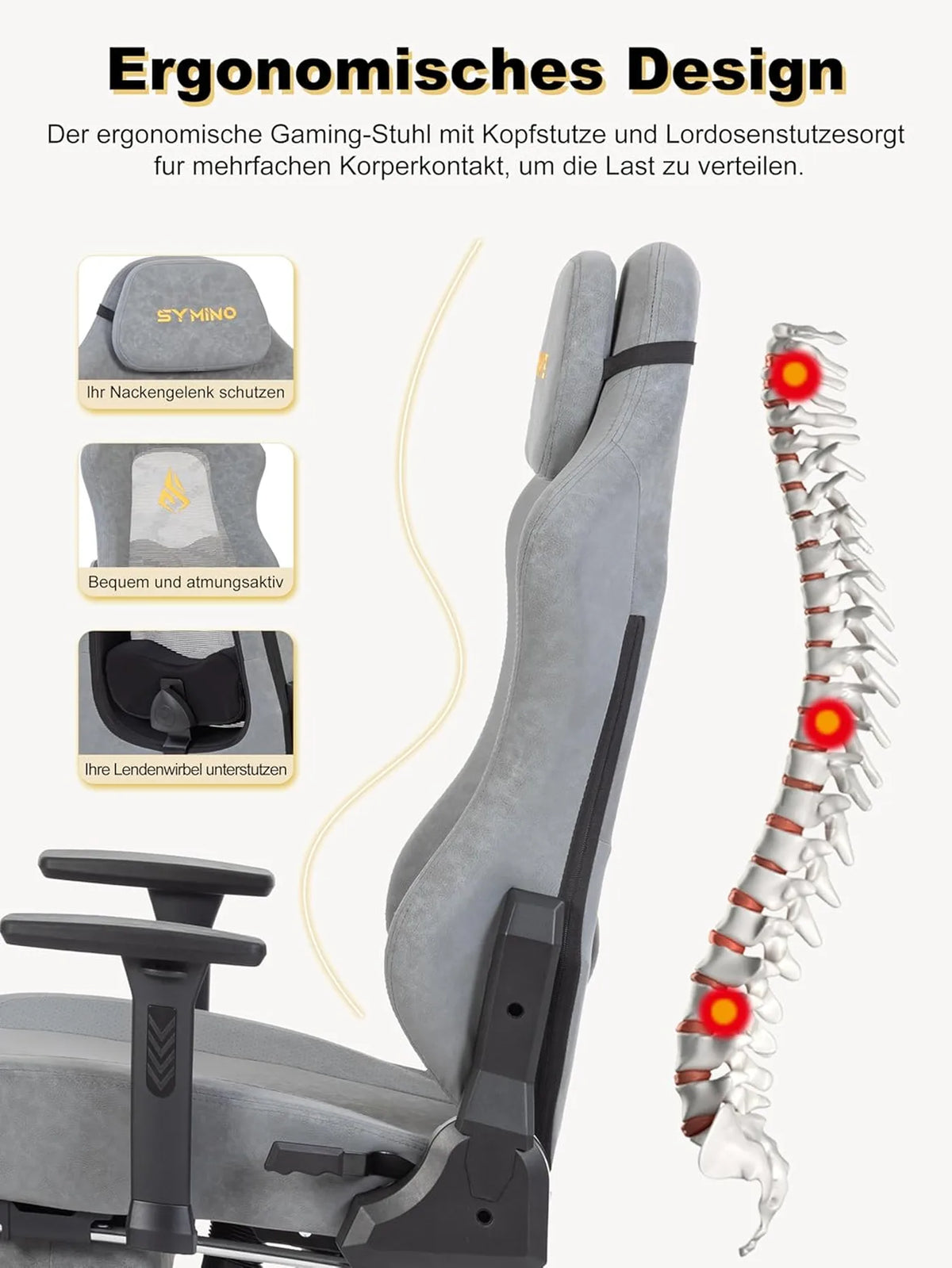 Fauteuil gaming ergonomique SYMINO avec dossier respirant – Cuir PU vintage – Gris – Métal et mousse