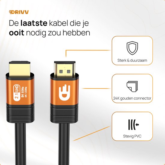 Câble HDMI Drivv. Premium 2.1 - Ultra HD - 8K 60 Hz - 4K 120 Hz - Compatible avec les consoles de jeux - 10 mètres - Orange