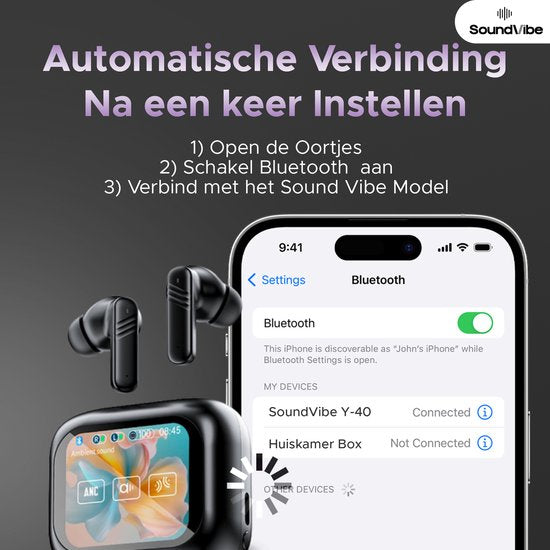 SoundVibe® - Earbuds Wireless With Noice Cancelling - Black - Bluetooth Earphones - Noice Cancelling Headphones - LX-10 Earpods with Screen - Works With Apple And Android - Earpods USB C - Wireless Earphons - Earphones Wireless