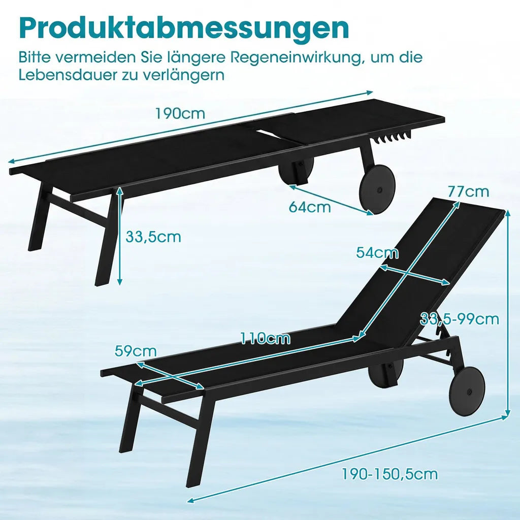 Coast Garden Loungers - Ajustable - Roues - Séchage rapide - 190 x 59 x 99 cm - Noir
