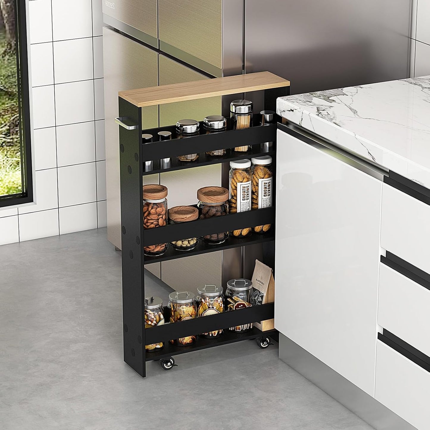 COAST Etagère de rangement étroite sur roulettes - 4 niveaux - avec plateau en bois et porte-serviettes - 48 x 13 x 81 cm - noir/marron