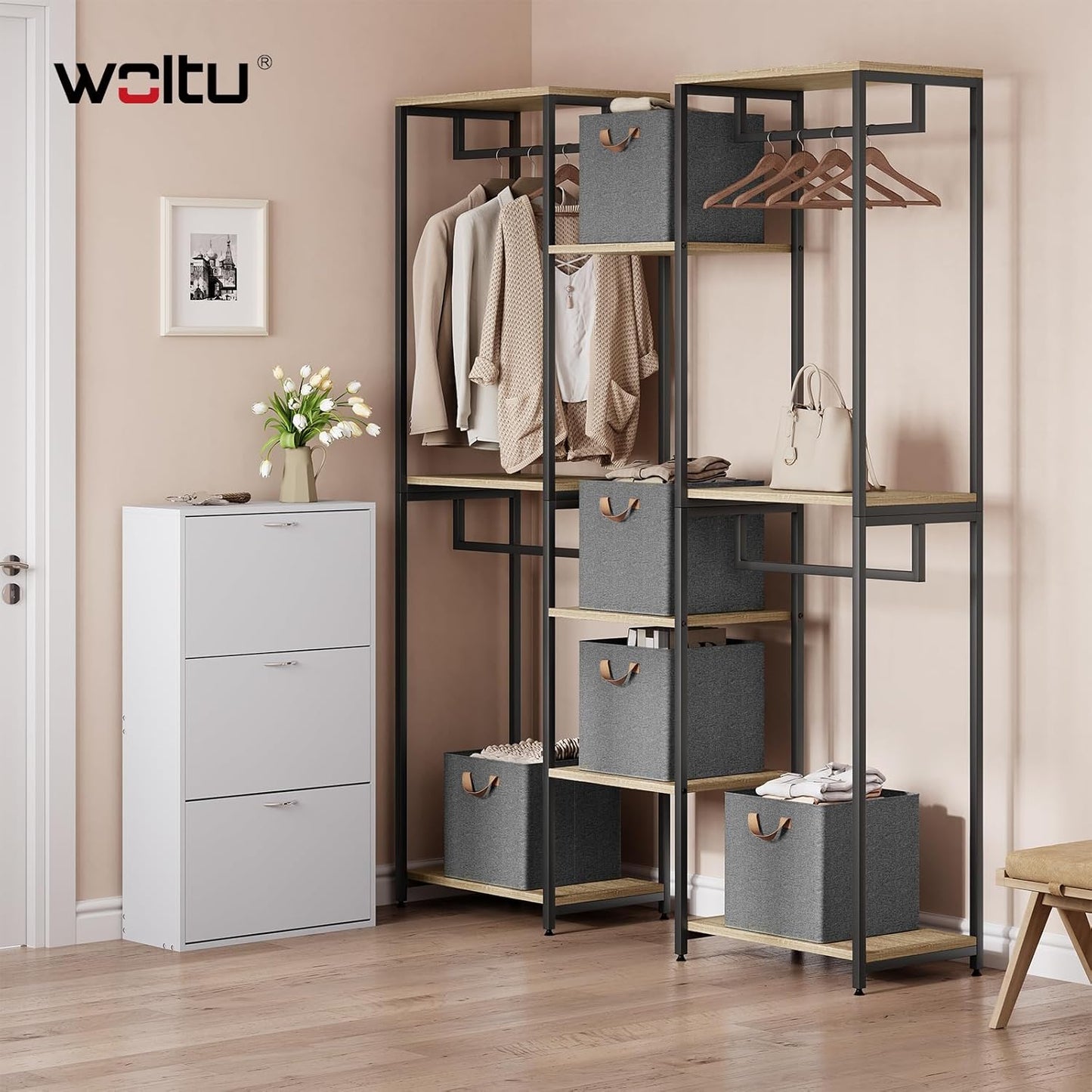 Lot de 5 boîtes de rangement pliables WOLTU - cubes de rangement en tissu avec poignées et armature métallique - gris 32 x 32 x 31 cm