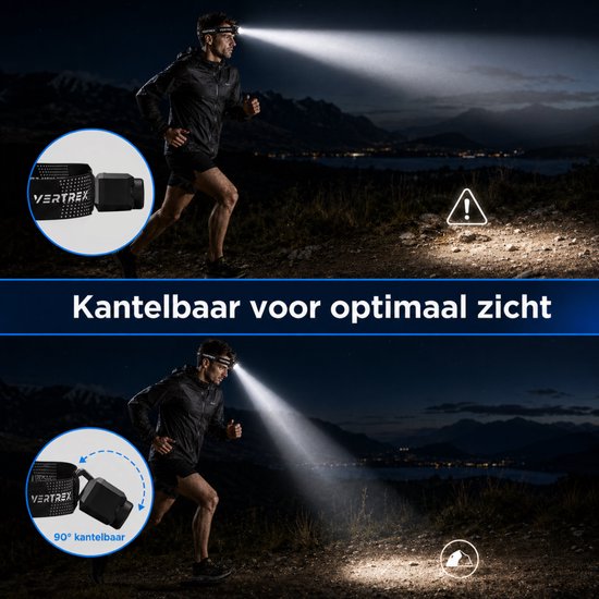 Lampe frontale LED rechargeable Vertrex - Faisceau lumineux réglable - USB-C - IPX5 - Noir