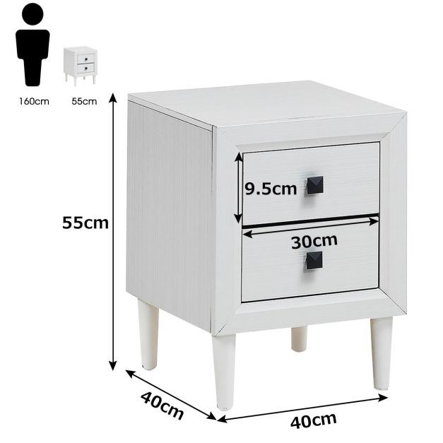 Coast Table de chevet / Table d'appoint 40x40x55 cm - Blanc avec 2 tiroirs et pieds en bois massif