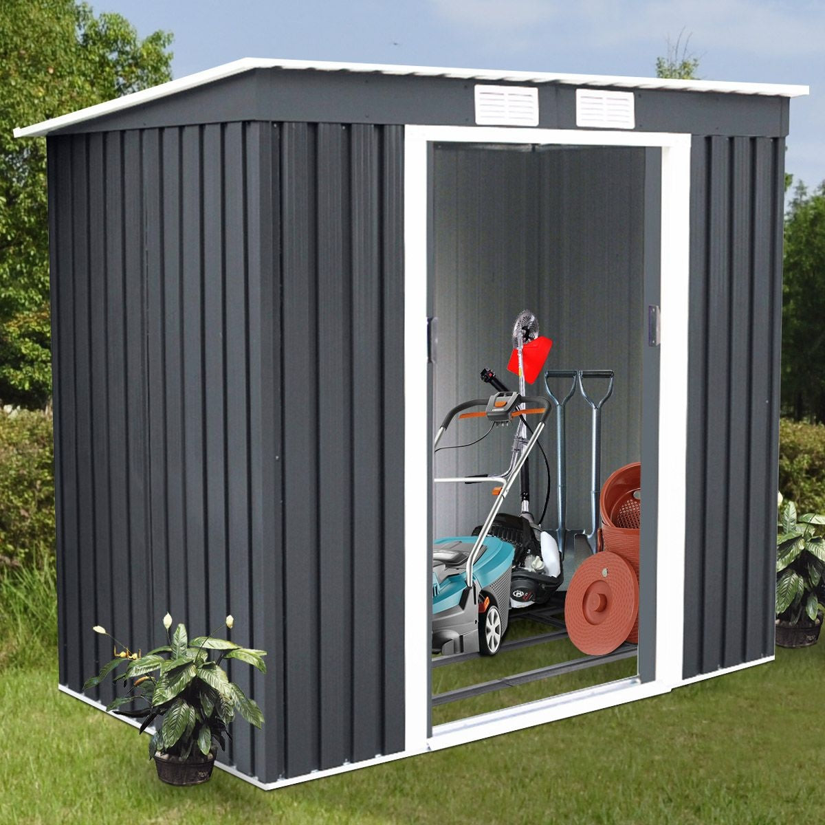 Coast Metal Equipment House Garden Equipment Shed including Foundation Pent Roof 213 x 130 x 173 cm dark grey