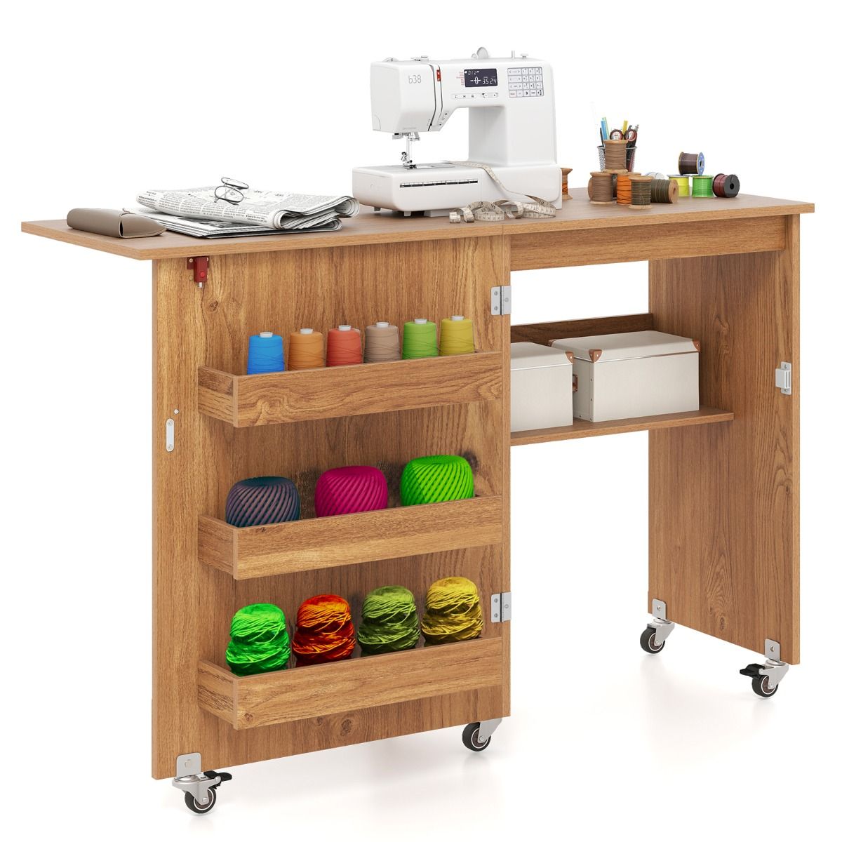 Table de couture pliable Coast - Station de loisirs créatifs mobile avec étagère de rangement - Trois bacs de rangement dissimulés - Couleur naturelle - 118,5 x 40 x 79,5 cm