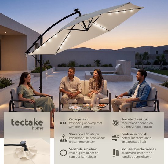tectake® Parasol suspendu avec pied - 3 x 3 m - Parasol de jardin avec éclairage LED à énergie solaire - Orientable - Polyester hydrofuge avec protection UV - Housse incluse - Beige